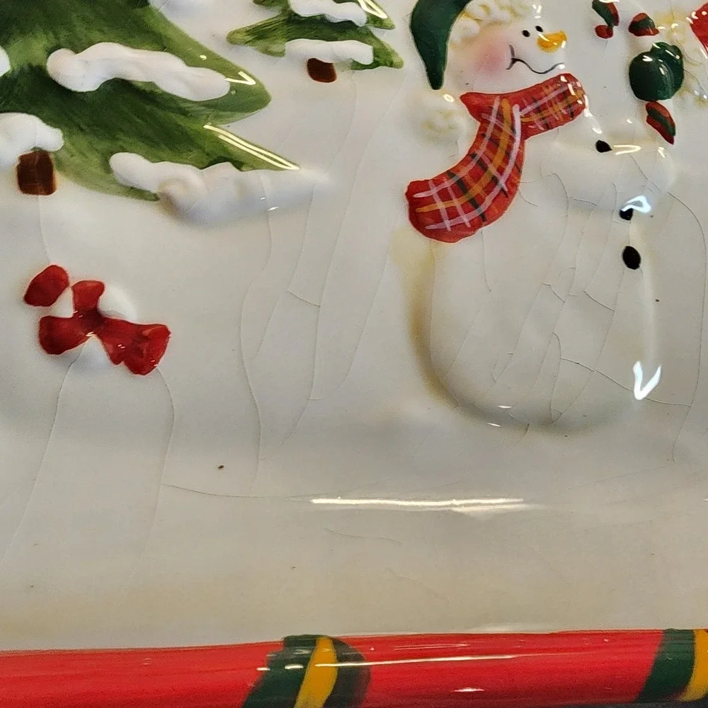 Decorative Vintage Christmas Serving Tray Plate W Santa & Snowman 13